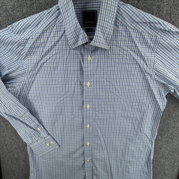 David Donahue Long Sleeve 17 34/35 Blue Check Trim Button Up Shirt Men Cotton - Picture 2 of 11